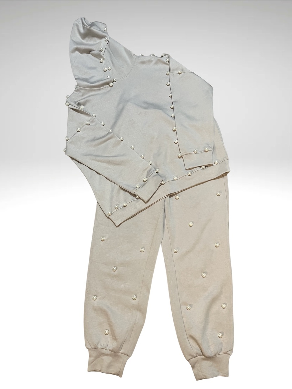 Pearl-Embellished Beige Hoodie & Jogger Set